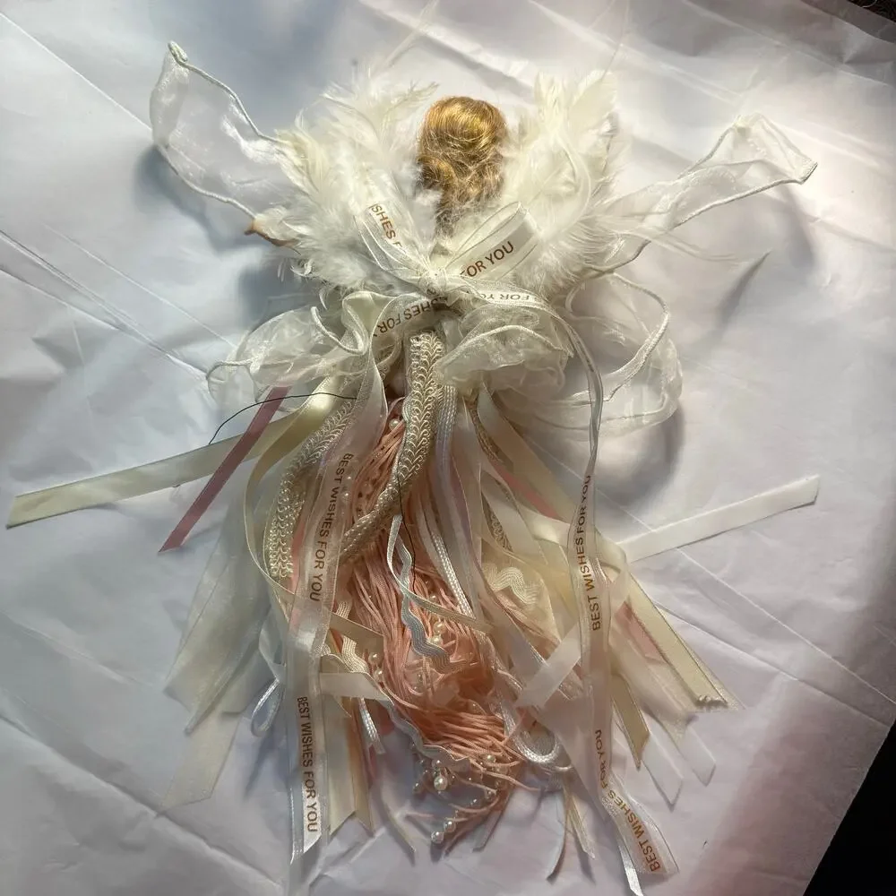 VTG Porcelain Angel Christmas Ornament Cream Pink Pearl Lace Feathers Ribbon 12”